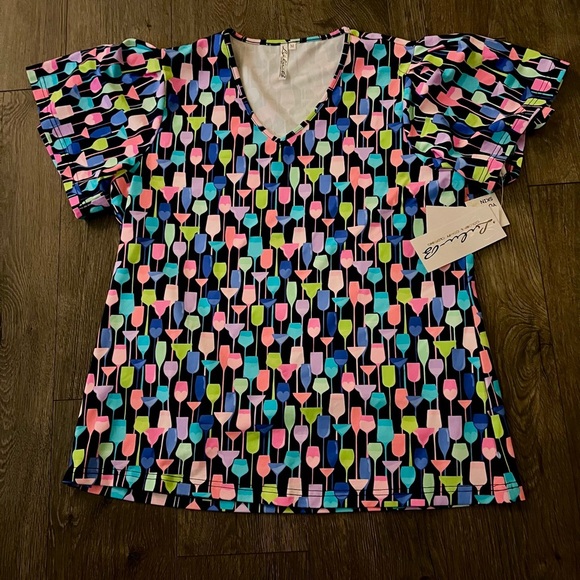 Lulu-B Tops - Lulu B Colorful Wine Glass Ruffle Sleeve Cooling UPF 50 Top NWT Size Medium M​